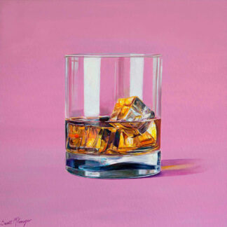 A realistic painting of a glass half-filled with whiskey and ice cubes on a pink background. By Scott McGregor