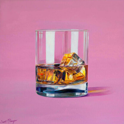 A realistic painting of a glass half-filled with whiskey and ice cubes on a pink background. By Scott McGregor