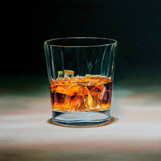 A realistic painting of a glass filled with whiskey and ice on a table with a dark background. By Scott McGregor
