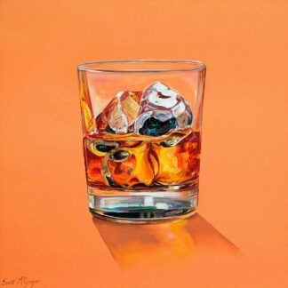 A vibrant painting of a glass of whiskey with ice on a peach-colored background. By Scott McGregor
