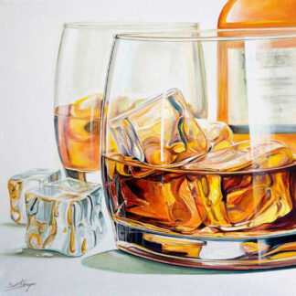 The image shows a hyperrealistic painting of two glasses, one with whiskey and ice, alongside a melting ice cube and a bottle in the background. By Scott McGregor