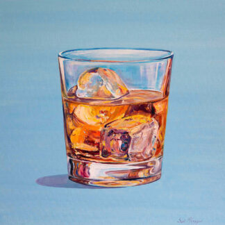 A realistic painting of a glass filled with whiskey and ice on a blue background. By Scott McGregor