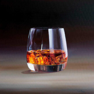 A realistic painting of a glass filled with amber-colored liquid and ice on a blurred background. By Scott McGregor