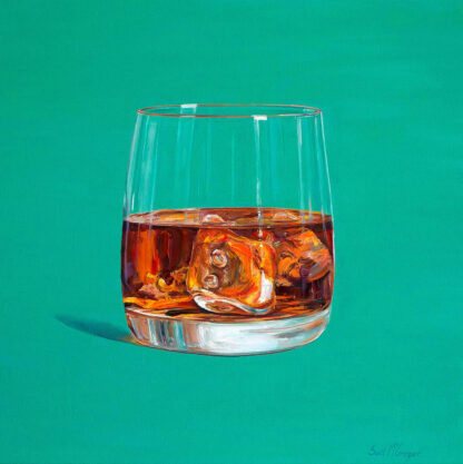 A vividly painted image of a glass half-filled with amber-colored liquid and ice cubes on a green background. By Scott McGregor