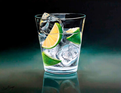 A hyperrealistic painting of a glass containing water, ice cubes, and slices of lime with a dark background. By Scott McGregor