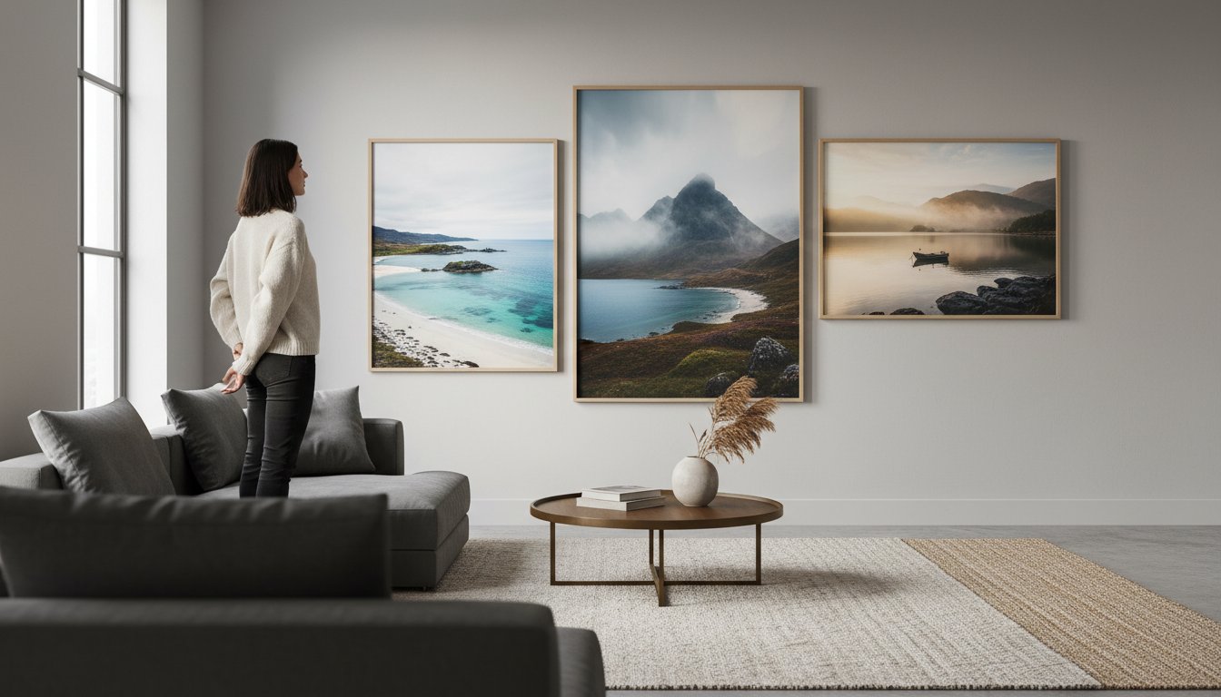 A woman stands in a modern living room, looking at three large framed landscape photographs on the wall above a sofa and round coffee table with a vase. Natural light fills the space through tall windows.