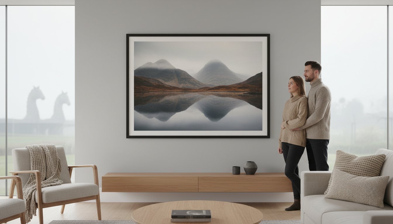 A couple stands arm in arm in a modern living room, looking at a large framed landscape photograph of mountains and a lake. The room is decorated in neutral tones, with two chairs, a table, and a wooden sideboard.
