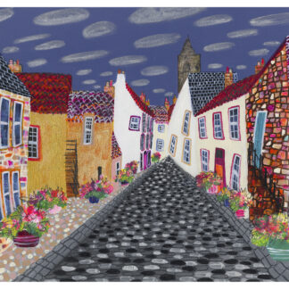 A colorful, whimsical drawing of a quaint street lined with picturesque houses under a starry night sky. By Nikki Monaghan