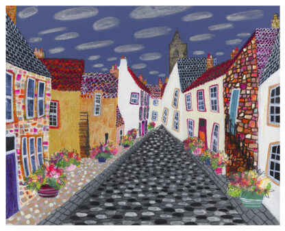 A colorful, whimsical drawing of a quaint street lined with picturesque houses under a starry night sky. By Nikki Monaghan