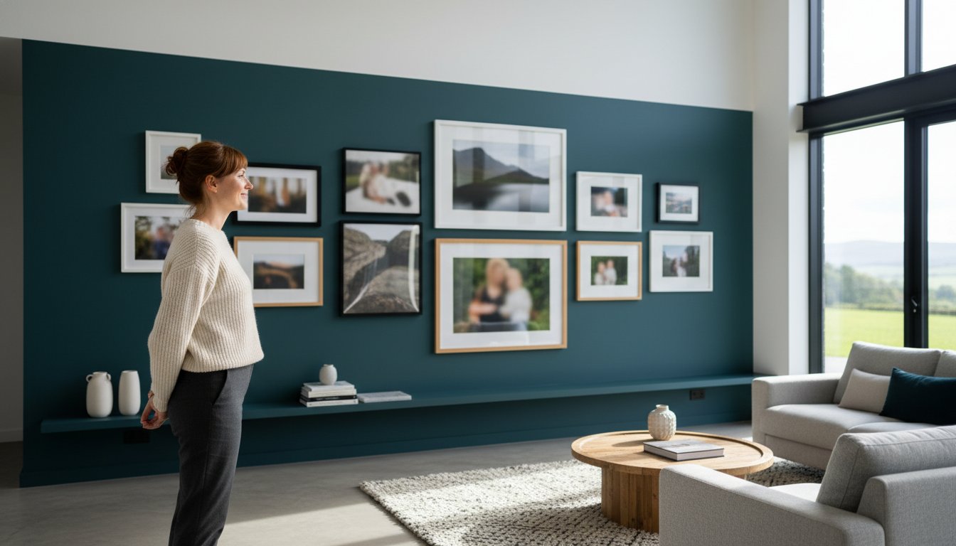 A woman stands in a modern living room, looking at a gallery wall of framed photos on a teal feature wall. The room is bright with large windows, light furniture, and decorative vases on a shelf.
