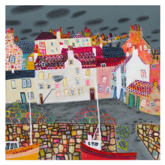 A colorful, stylized painting of a quaint coastal village with houses, a boat, and a stone wall under a gray sky. By Nikki Monaghan