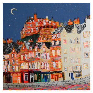 A vibrant, whimsical painting of a moonlit street lined with colorful, quaint houses under a starry sky with a prominent castle atop a hill in the background. By Nikki Monaghan