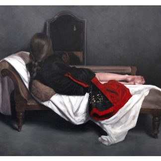 A painting of a woman lying on a chaise longue, covered with a blanket, facing away from the viewer with her reflection visible in a mirror. By Stephanie Rue