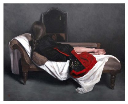 A painting of a woman lying on a chaise longue, covered with a blanket, facing away from the viewer with her reflection visible in a mirror. By Stephanie Rue