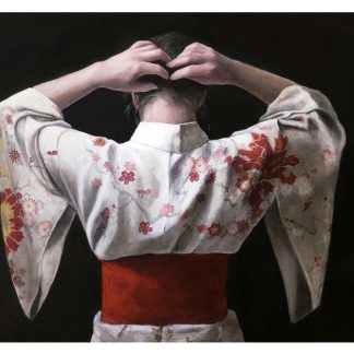 A person in a traditional kimono with floral patterns is making a heart shape with their hands above their head. By Stephanie Rue