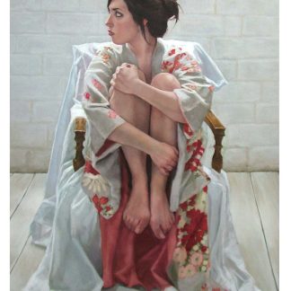 A painting of a woman in a floral robe seated on a chair with a white drape, looking over her shoulder. By Stephanie Rue