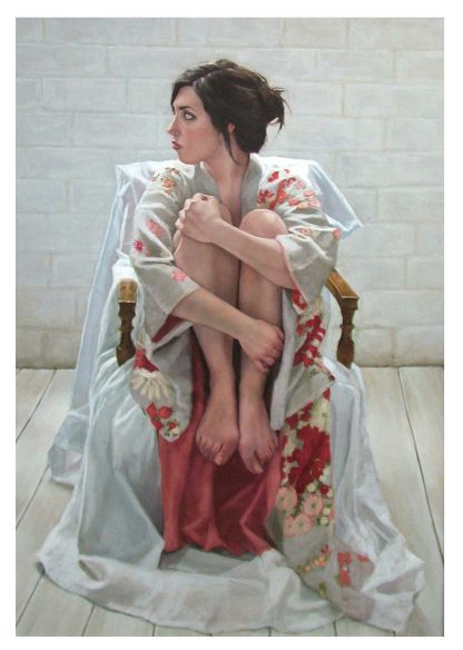 A painting of a woman in a floral robe seated on a chair with a white drape, looking over her shoulder. By Stephanie Rue