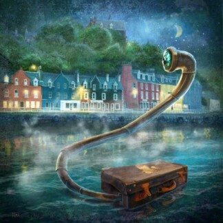 The "Suitcase (Tobermory)" depicts colorful waterfront houses beneath a starry sky with a crescent moon, as a long-necked, large-eyed creature emerges from a suitcase floating on the misty water.