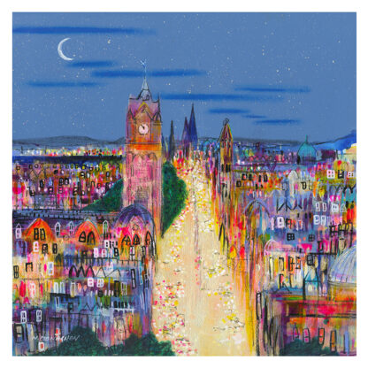 A vibrant, colorful painting of a bustling city street at night with illuminated buildings and a moonlit sky. By Nikki Monaghan