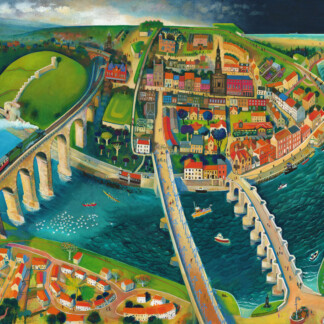 Swanning About, Berwick-upon-Tweed" is a vibrant, stylized painting depicting the riverside town’s winding streets, bridges, boats, green hills, a viaduct with a train, and a distant lighthouse by the sea.