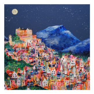 A colorful, stylized painting of a densely packed town with a castle on a hill under a starry night sky and a crescent moon. By Nikki Monaghan