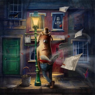 A whimsical nighttime street scene titled "The Bus Stop" shows a one-eyed, furry creature in a hat reading a floating book under a streetlamp as pages and autumn leaves swirl, with a cat on the roof and a shadowy figure peering from a window.