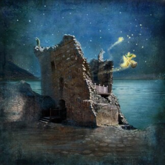 Under a starry sky by the sea, The Castle's Night Time Secret (Urquart Castle) reveals a glowing fairy-like creature soaring and scattering light, while another rests on the ancient stone wall.