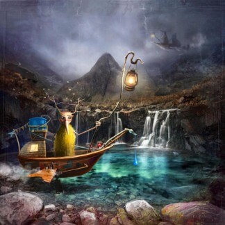 In "The Fairy Pools," a whimsical antlered creature with a yellow body and big eyes fishes from a wooden boat on a luminous blue lake near waterfalls, beneath stormy skies with mountains and another boat in the distance.