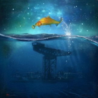 A golden fish with a nose ring leaps above dark waters in "The Fish That Never Swam (Glasgow)" while an underwater oil rig and cityscape are visible below, bubbles rising to the surface.