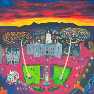 The Ice Cream Lady painting captures a lively town square at sunset, where people walk and cycle past colorful buildings and trees as The Ice Cream Lady serves treats from her truck beneath a glowing orange-red sky.