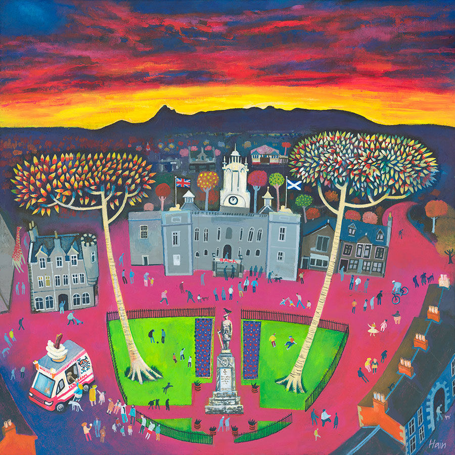 The Ice Cream Lady painting captures a lively town square at sunset, where people walk and cycle past colorful buildings and trees as The Ice Cream Lady serves treats from her truck beneath a glowing orange-red sky.