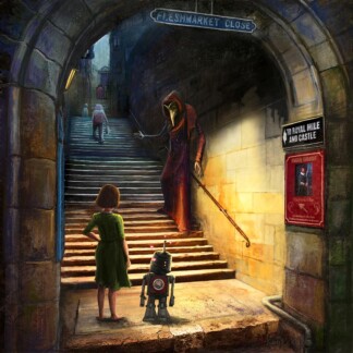 In The Invitation, a girl and a small robot stand under the Fleshmarket Close archway, facing a tall plague doctor figure on shadowy steps with distant silhouettes overhead.