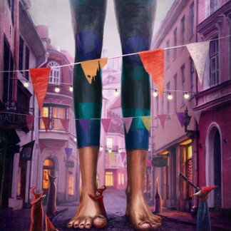 A surreal scene from "The Visitor": a giant stands barefoot in a twilight-lit, festive street as tiny people in pointed hats gather below. Colorful banners and lights hang above whimsical buildings lining the vibrant celebration.