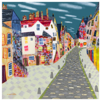 A colorful, stylized painting of an old European cobblestone street with whimsical, crooked houses lining both sides.By Nikki Monaghan