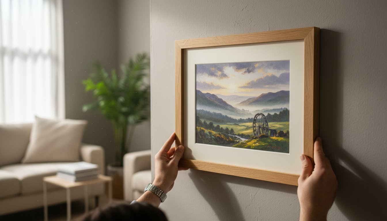 A person hangs a framed landscape painting on a grey wall in a cosy living room with a sofa, potted plant, and sunlight streaming through a window.