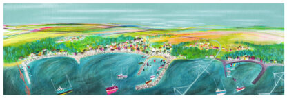 A colorful, stylized painting of a coastal landscape with a town and boats on the water. By Nikki Monaghan