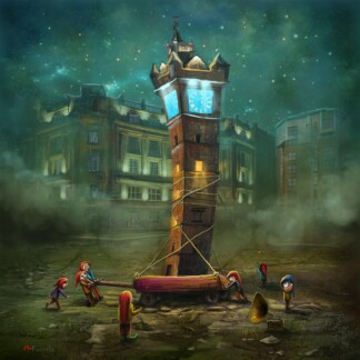 A whimsical scene shows small, cartoonish figures pulling the Tolbooth (Glasgow), a leaning clock tower, with rope through a misty city square at night, set against old buildings and a starry teal sky.