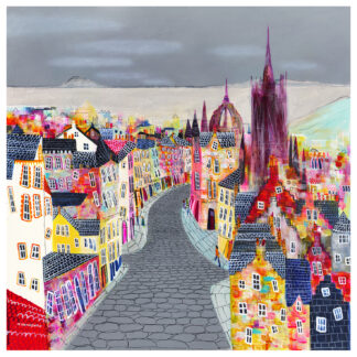 A colorful, stylized painting of a bustling fantasy cityscape with a central cobblestone street leading towards a cathedral-like building.By Nikki Monaghan
