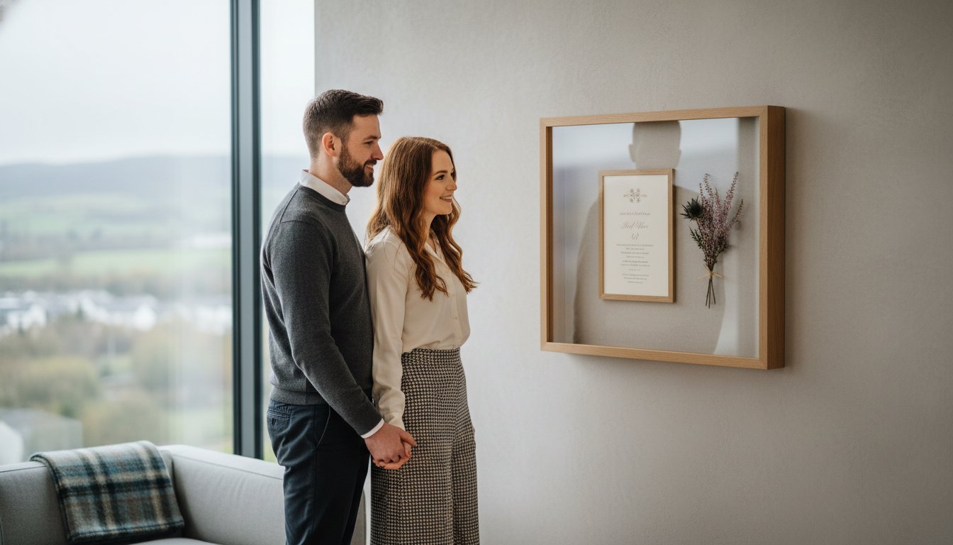 A man and woman stand holding hands, gazing at a framed wedding invitation and dried flowers on a wall, with a large window and scenic landscape in the background.