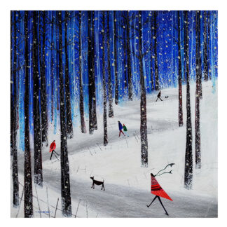 A stylized painting of a snowy forest scene with people and a dog, featuring bright blue trees and falling snow. By Nikki Monaghan