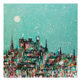 The image is a colorful, abstract painting depicting a bustling cityscape under a starry sky with a large moon. By Nikki Monaghan