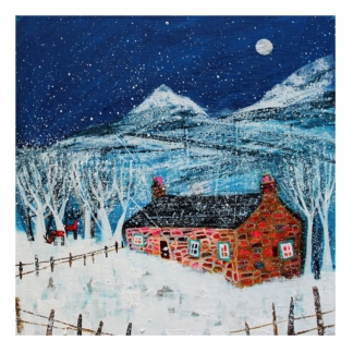 A painting of a cozy, red-brick house in a snowy landscape with mountains, leafless trees, and a starry night sky. By Nikki Monaghan