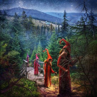 In Wanderers, four figures in colorful pointed hats and robes cross a wooden bridge under a starry sky, led by one holding a glowing lantern through a dense, moonlit forest with mountains in the distance.