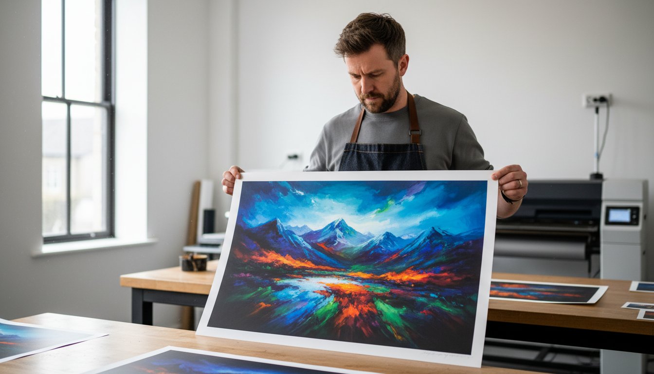 A man in an apron holds a vibrant landscape painting featuring mountains and colourful reflections, standing in a bright art studio with a printer and large windows.