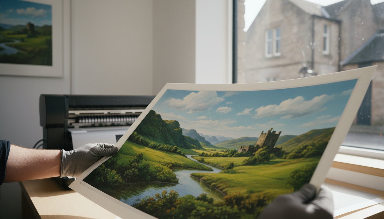 A person wearing gloves holds a printed landscape artwork showing green hills, a river, and a castle, near a window with buildings visible outside and a printer in the background.