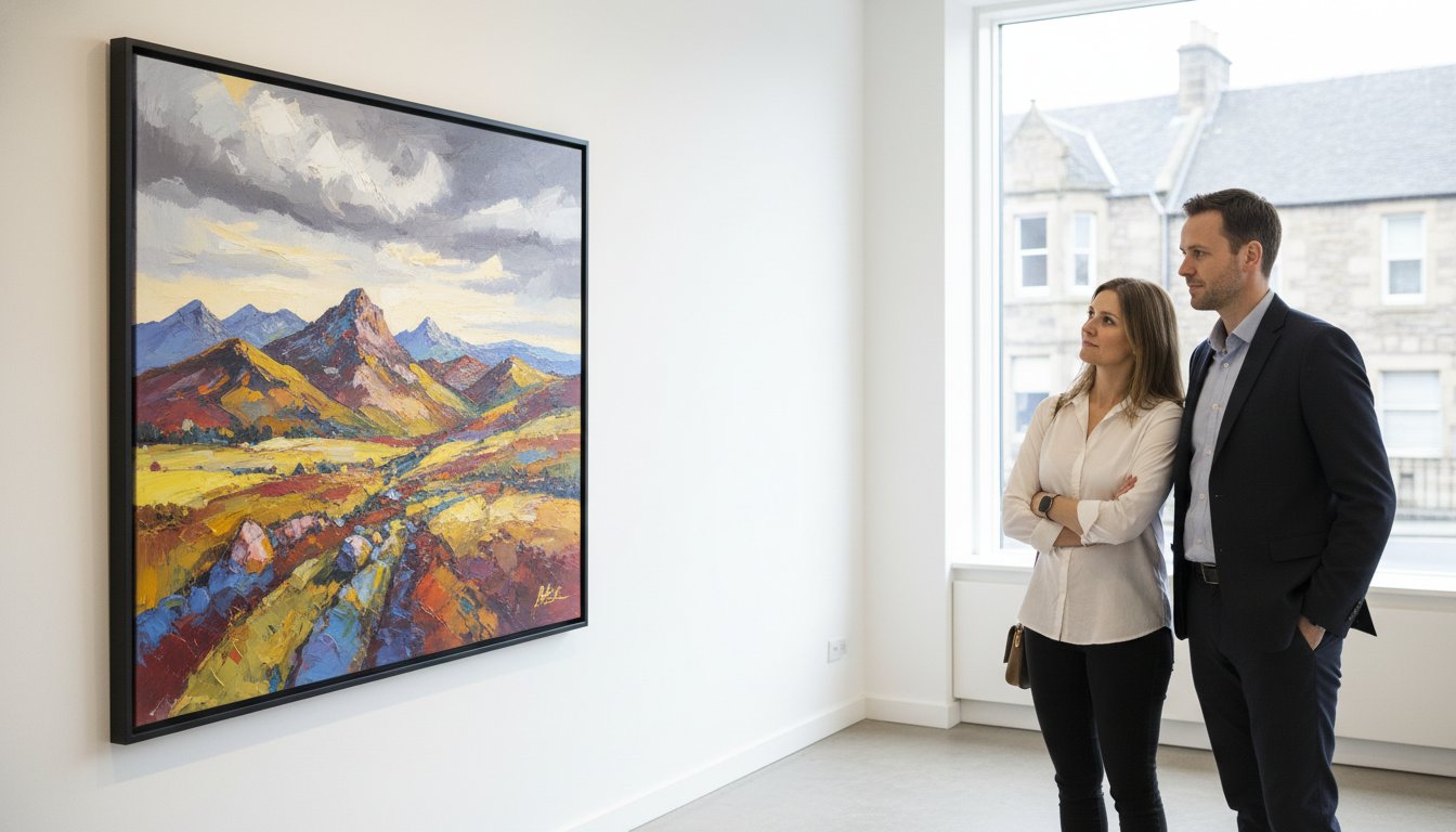 A woman and a man stand side by side in a bright gallery, looking at a large colourful landscape painting of mountains and fields hanging on the wall. A window lets in natural light and reveals buildings outside.