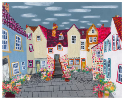 Colorful, whimsical illustration of a quaint street with charming houses and potted plants under a gray sky. By Nikki Monaghan