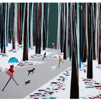 A colorful painting depicting people and dogs on a walk through a stylized snowy forest with vibrant circular patterns on the ground and slender trees. By Nikki Monaghan