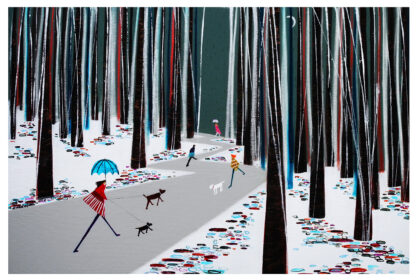 A colorful painting depicting people and dogs on a walk through a stylized snowy forest with vibrant circular patterns on the ground and slender trees. By Nikki Monaghan