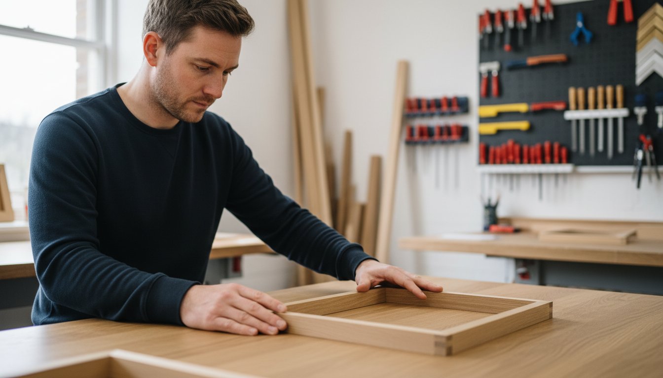 A man in a workshop is assembling a wooden picture frame on a table, with various tools and wood pieces visible in the background.